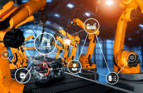 制造过程的人工智能概念用于工厂生产线装配的机械化工业臂程设计图片